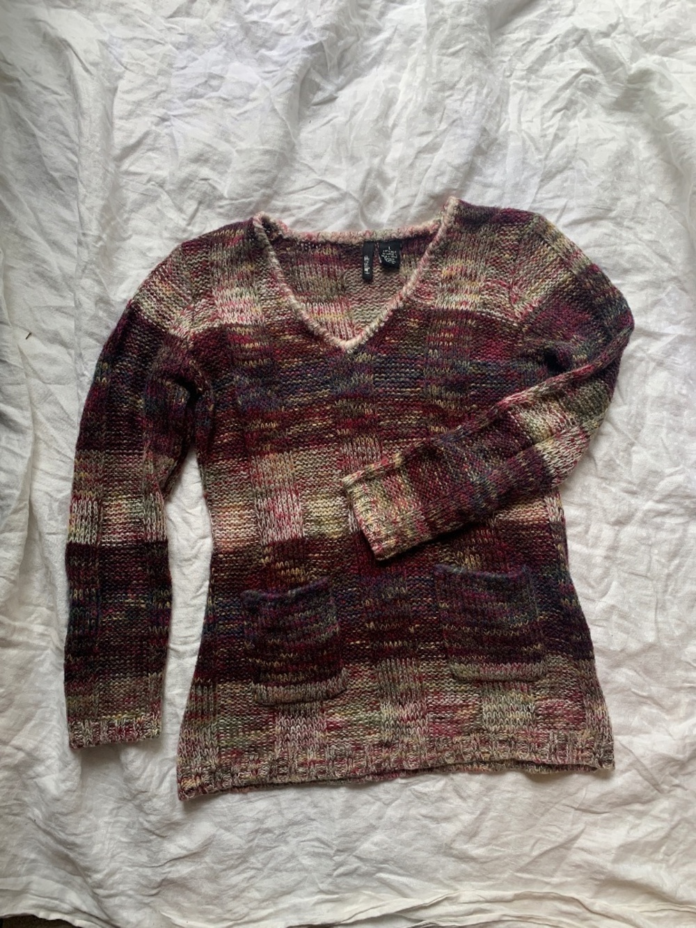 y2K chunky knit seater with pockets, purple, tan, autumn, cottage core, size L